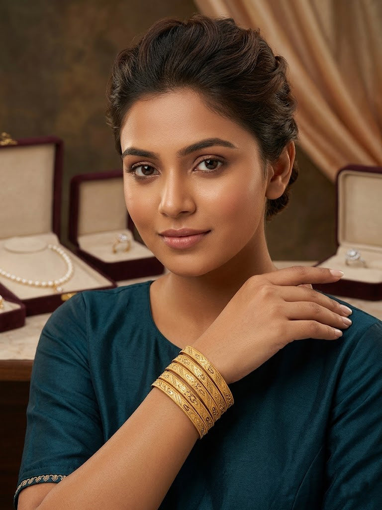 Elite Gold-Plated Ethnic Kada Bangle Set of 4 – Traditional Intricate Pattern for Women & Girls