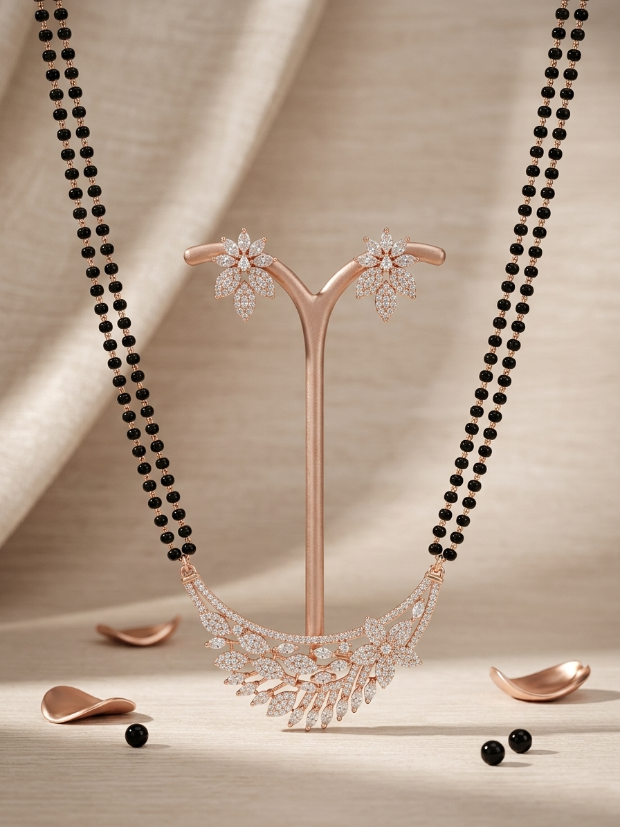 Rose Gold Leaf Design Mangalsutra Set with Zirconia Detailing & Matching Floral Earrings
