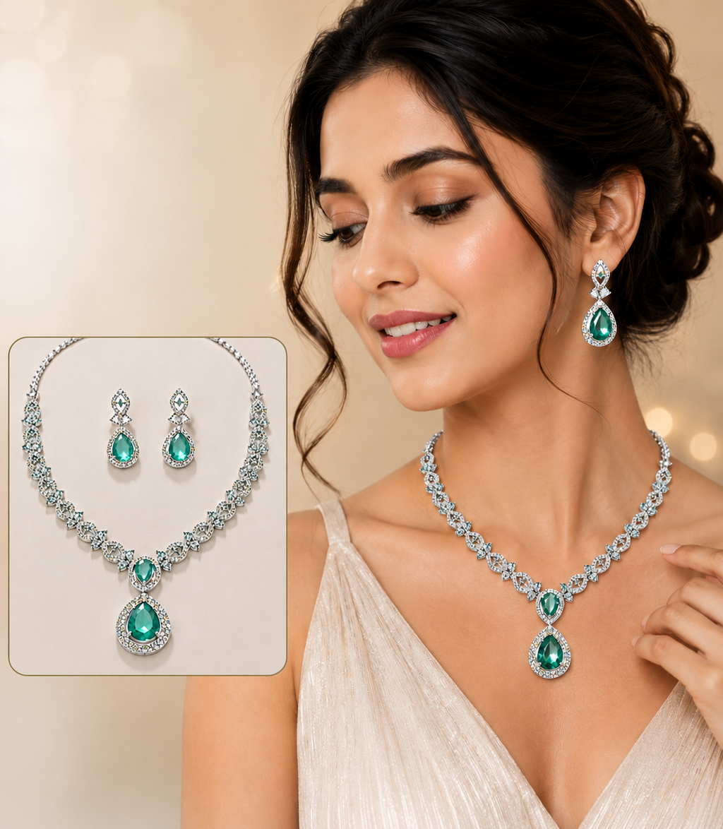 Emerald Green American Diamond Necklace Set with Teardrop Pendant & Earrings | Silver-Plated Party Wear Jewellery