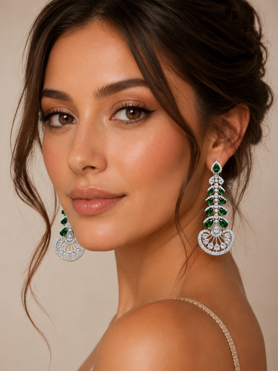 Emerald Green Crystal Chandbali Drop Earrings with Zirconia Detailing