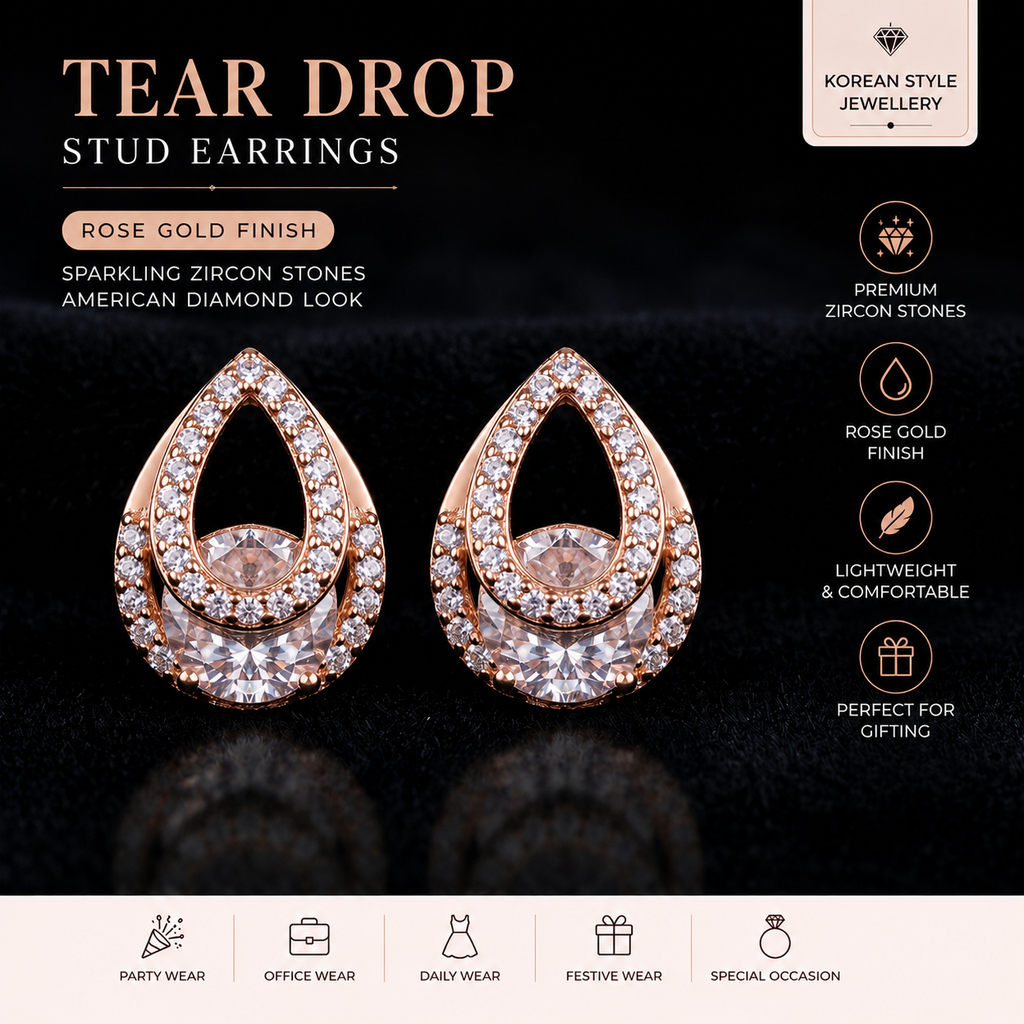 Rose Gold Tear Drop Zircon Stud Earrings for Women | Korean Style American Diamond Earrings