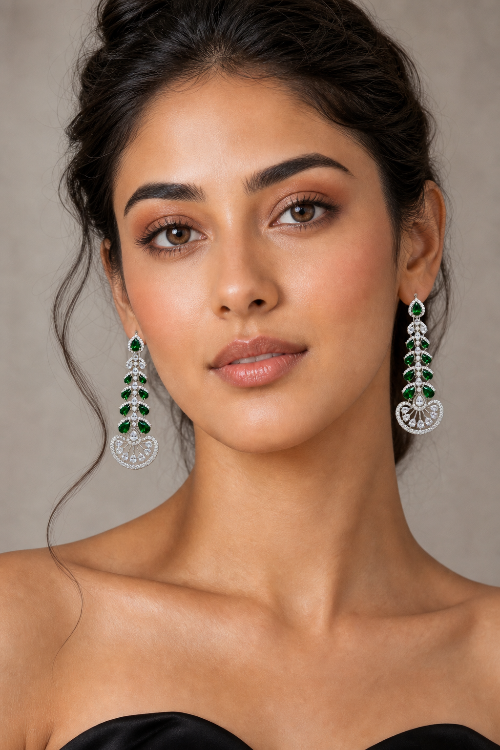 Emerald Green Crystal Chandbali Drop Earrings with Zirconia Detailing
