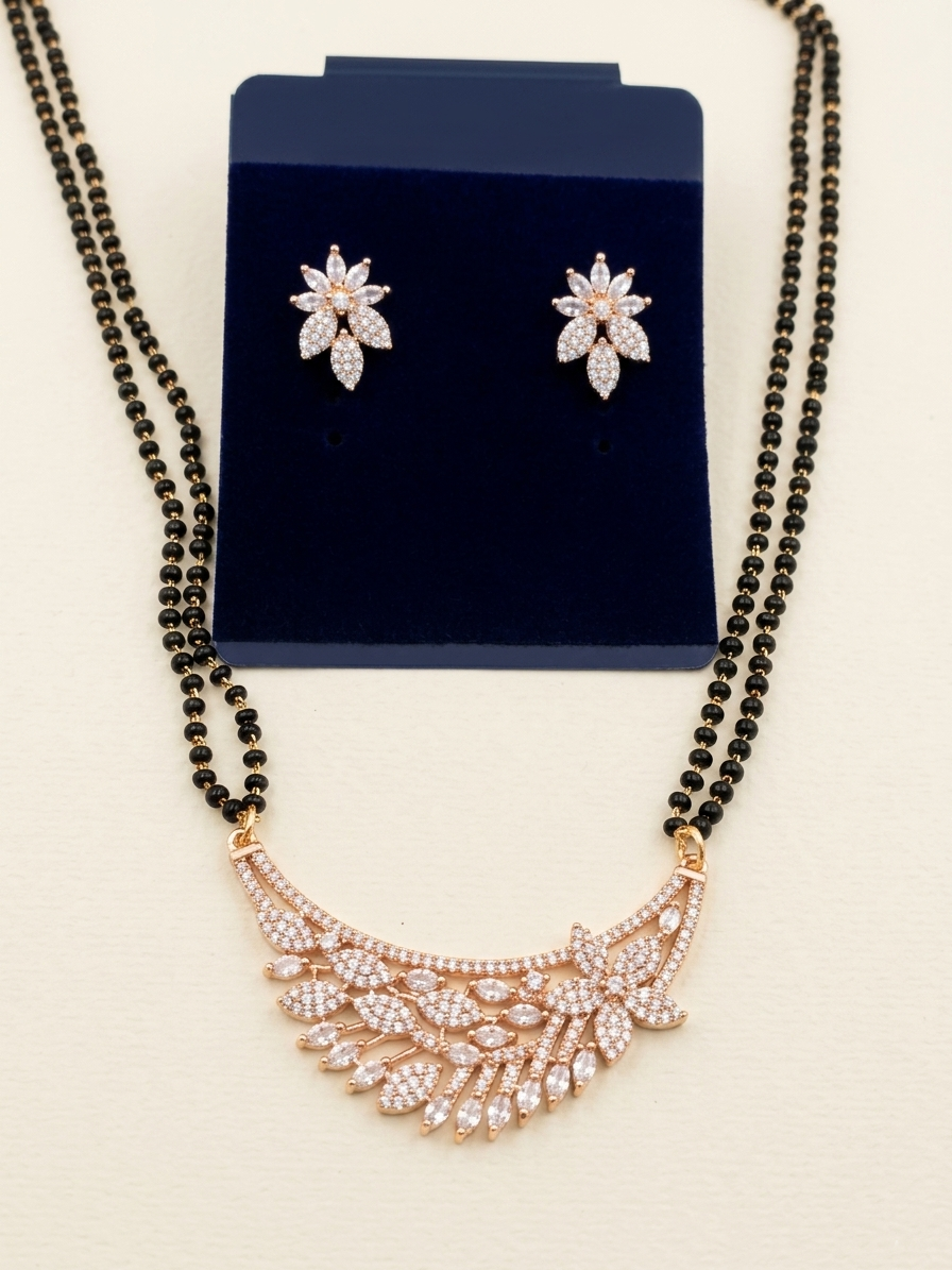 Rose Gold Leaf Design Mangalsutra Set with Zirconia Detailing & Matching Floral Earrings