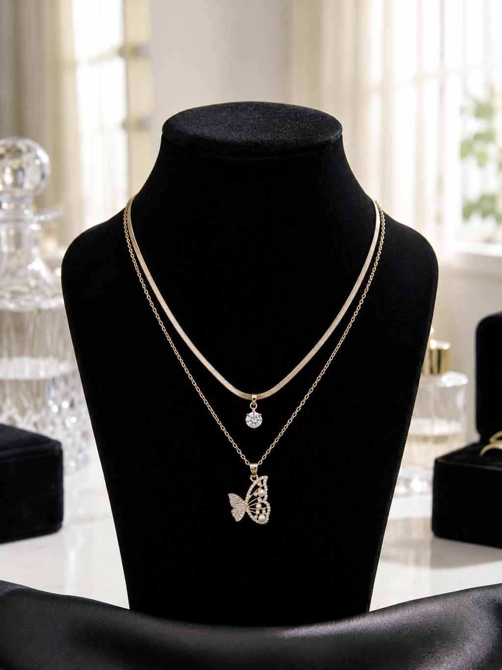 Golden Double Layer Butterfly Pendant Necklace with Crystal Charm for Women|Girls