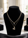 Golden Double Layer Butterfly Pendant Necklace with Crystal Charm for Women|Girls