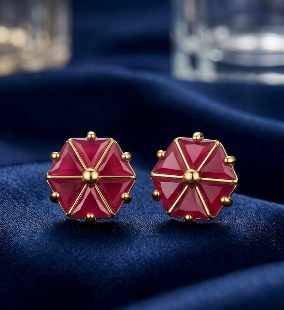 Emerald Geometric Stud Earrings with Gold-Tone Finish