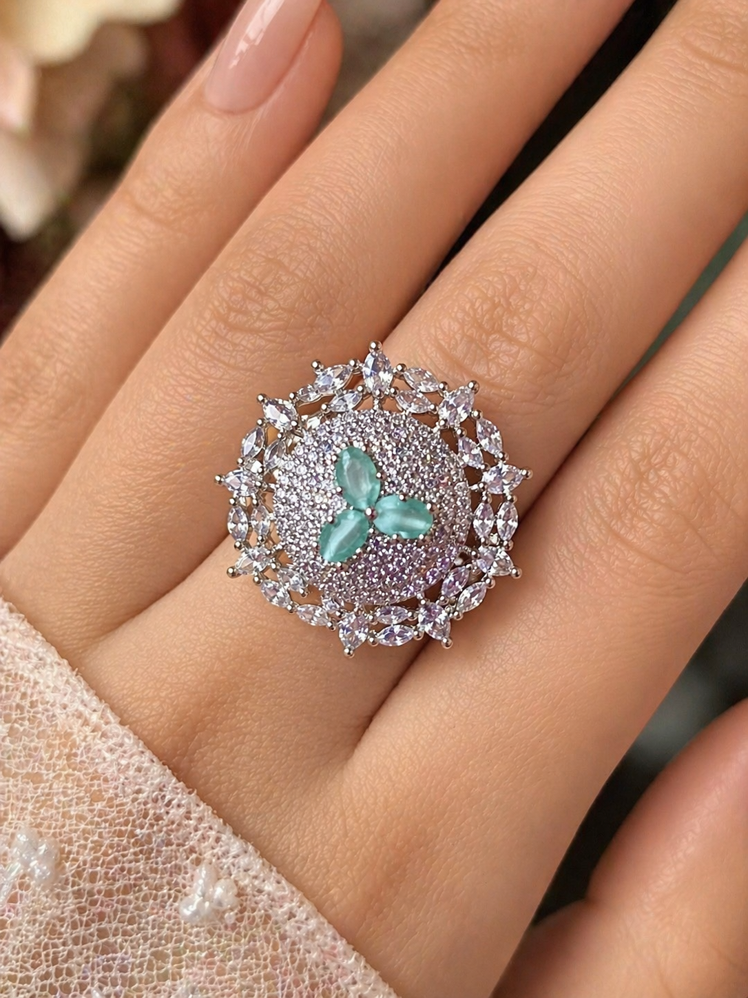 Kimsi Mint Green Floral American Diamond Adjustable Statement Ring for Women