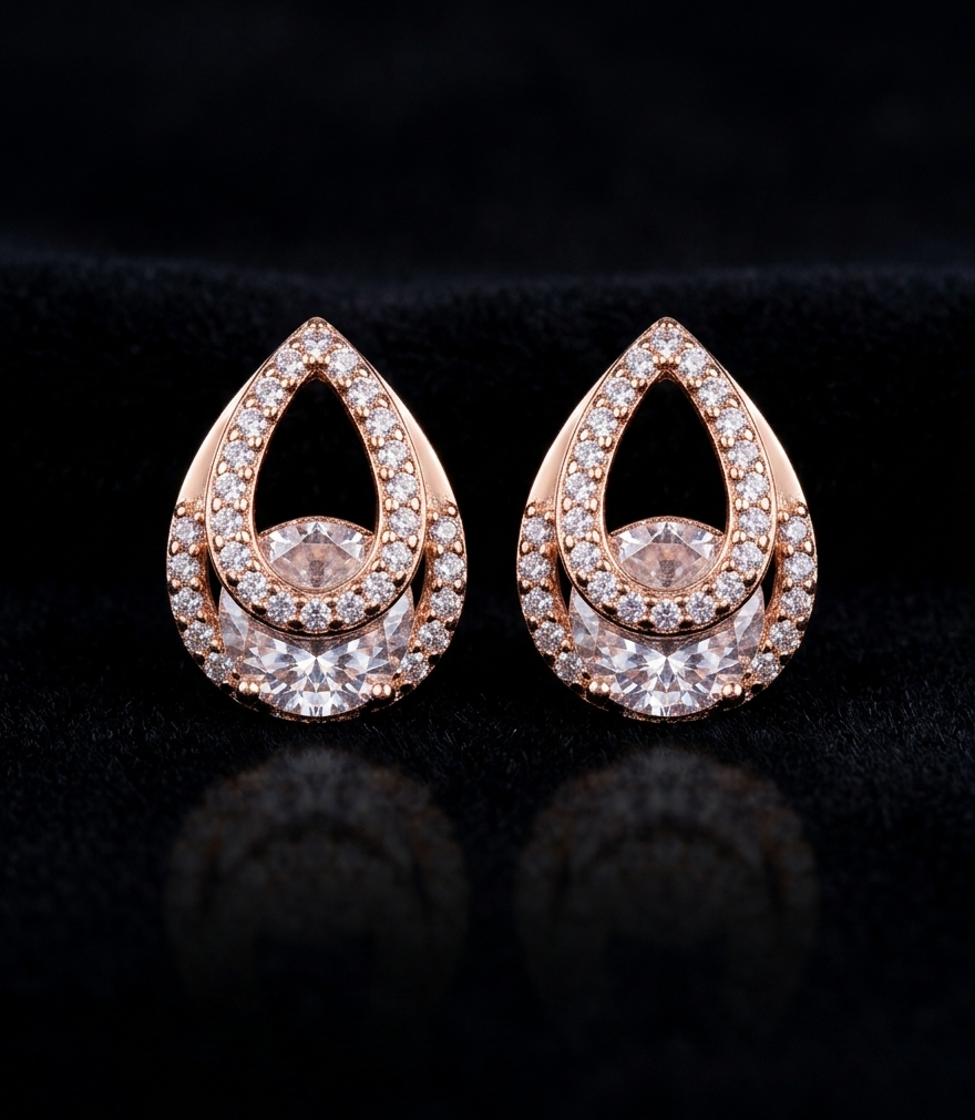 Rose Gold Tear Drop Zircon Stud Earrings for Women | Korean Style American Diamond Earrings