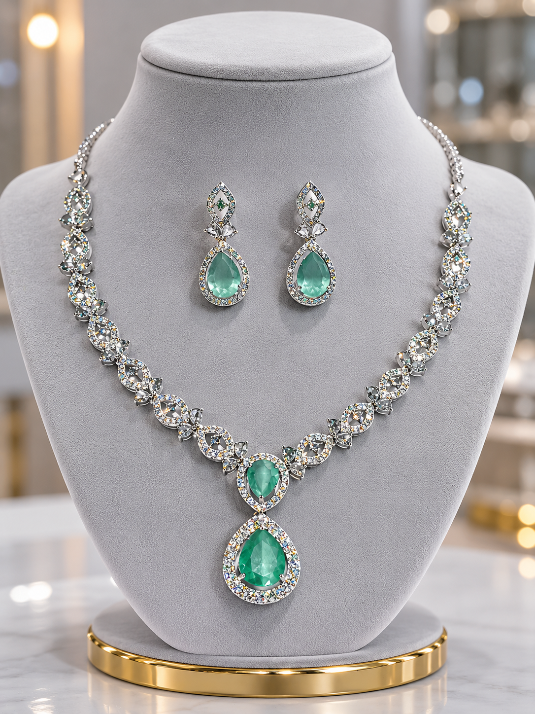 Emerald Green American Diamond Necklace Set with Teardrop Pendant & Earrings | Silver-Plated Party Wear Jewellery