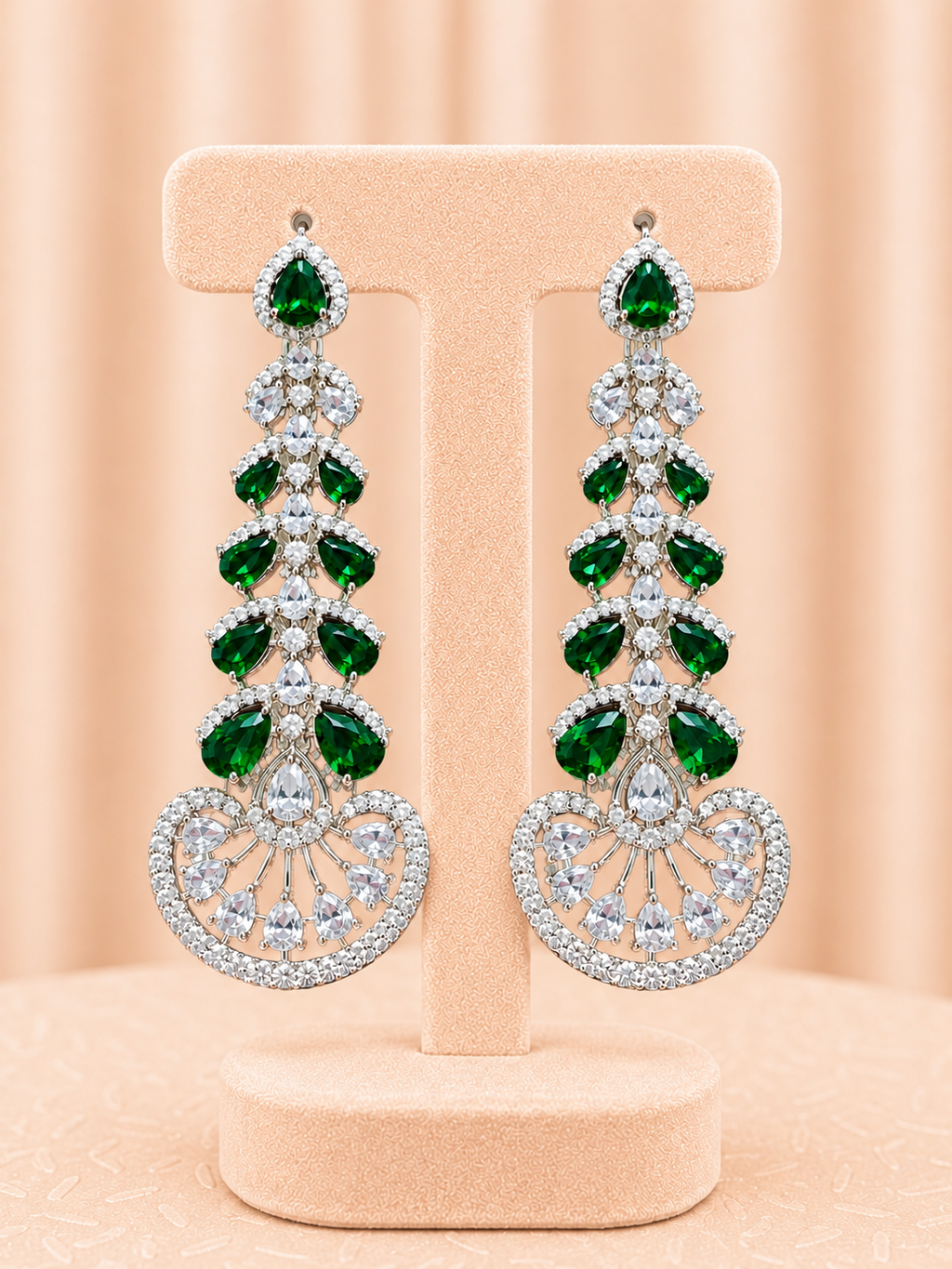 Emerald Green Crystal Chandbali Drop Earrings with Zirconia Detailing