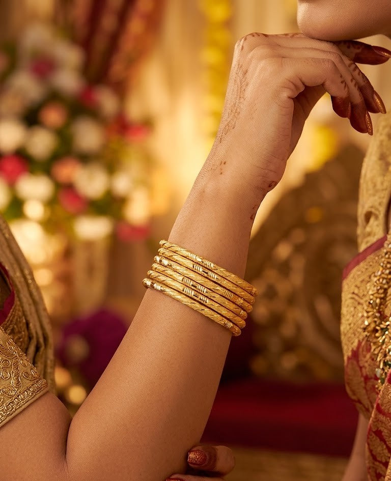 Premium Gold-Plated Daily Wear Sleek Bangle Set of 4 – Elegant Textured Churi for Women & Girls