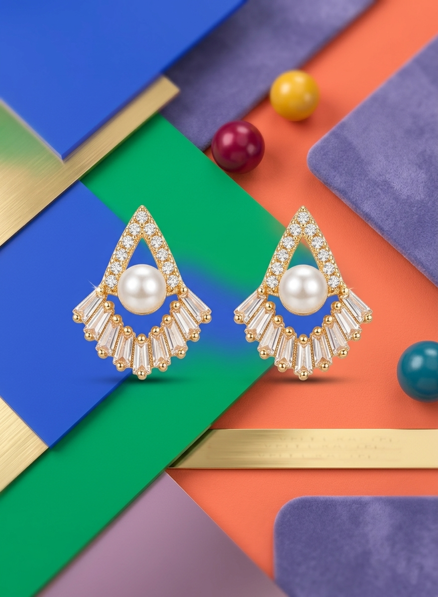 Golden Pearl Fan Shape Stud Earrings for Women | Korean Style Zircon Daily Wear Earrings