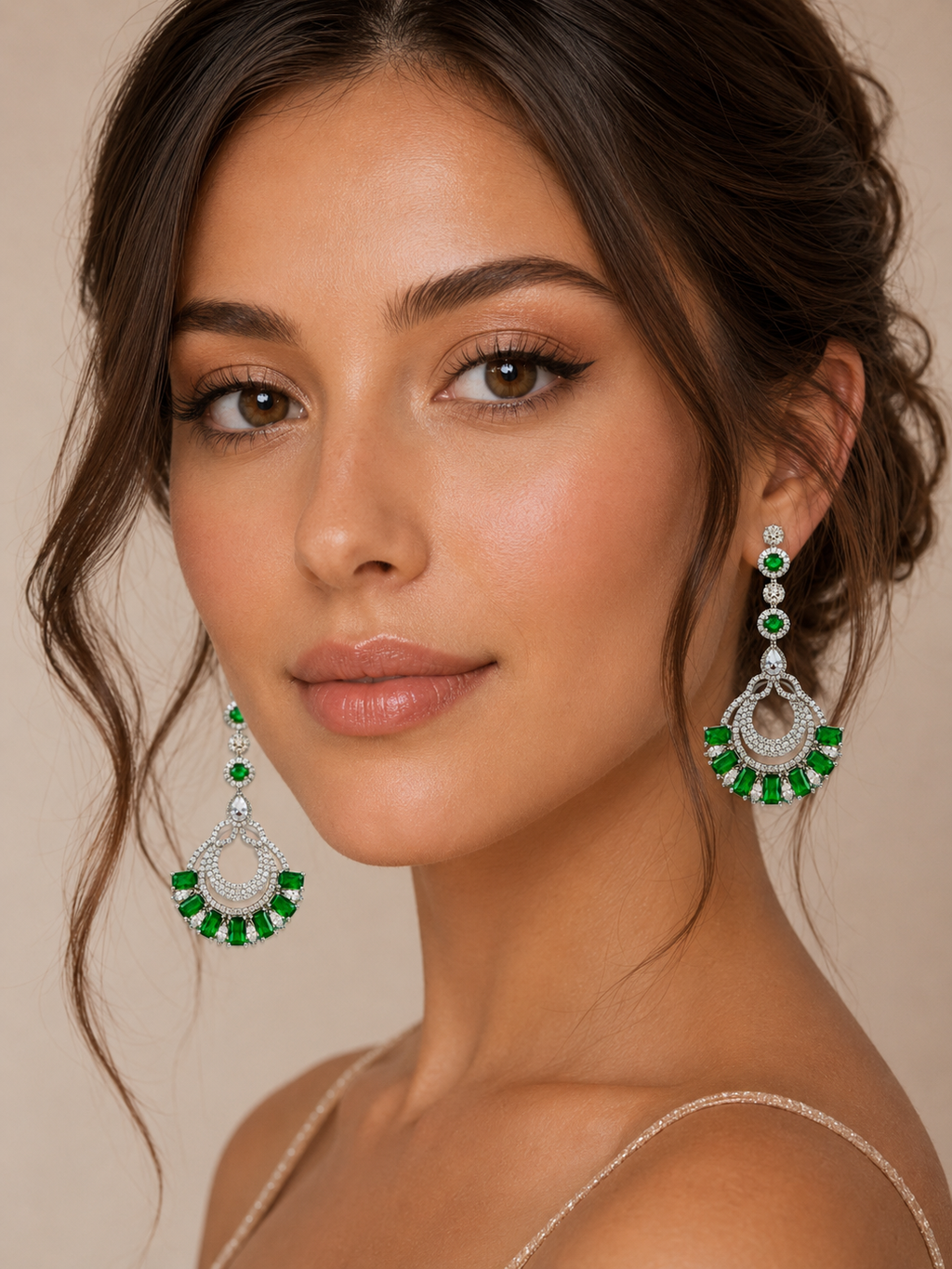 Emerald Green Chandbali Drop Earrings with Zirconia Crystal Detailing