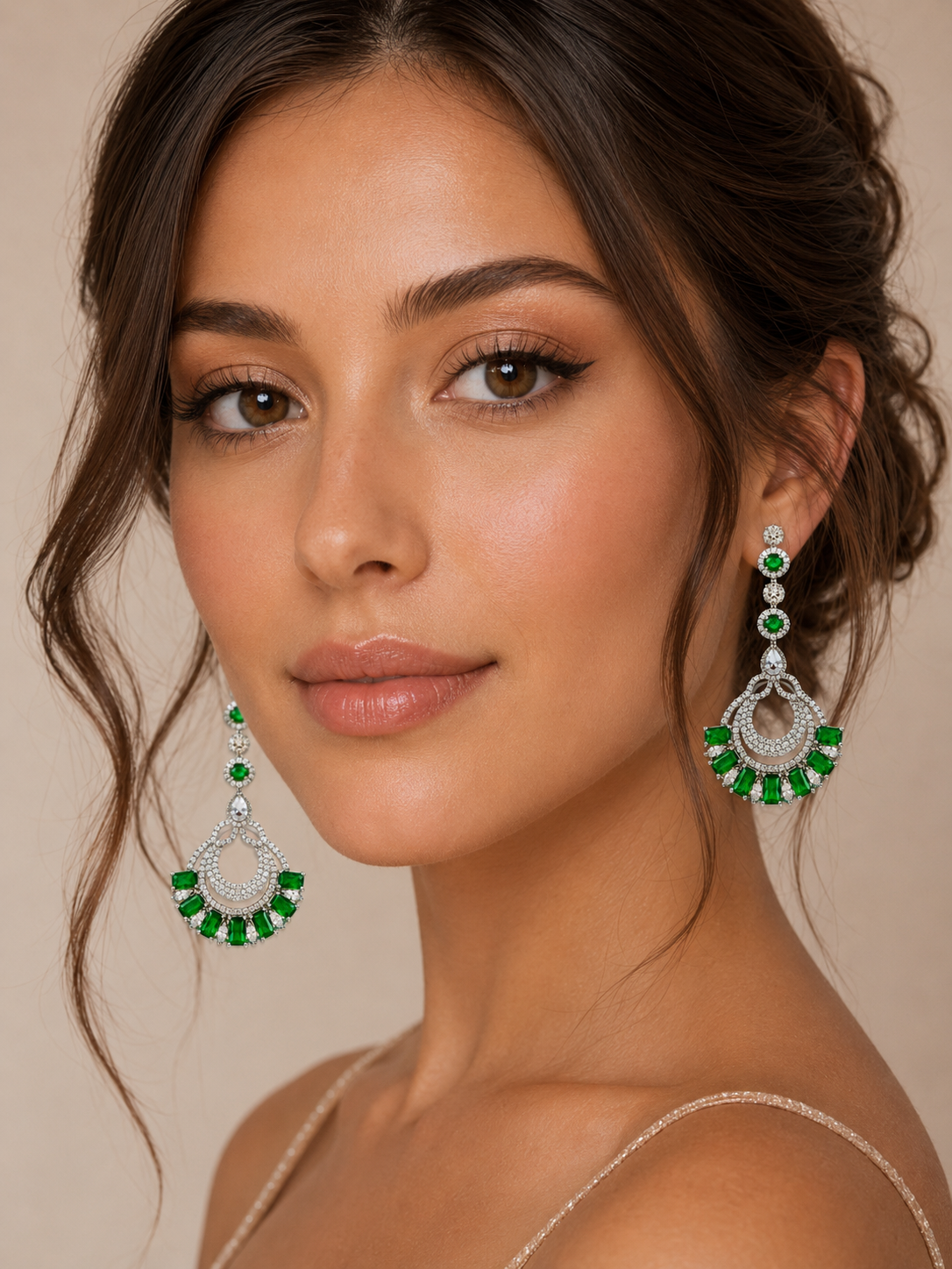 Emerald Green Chandbali Drop Earrings with Zirconia Crystal Detailing