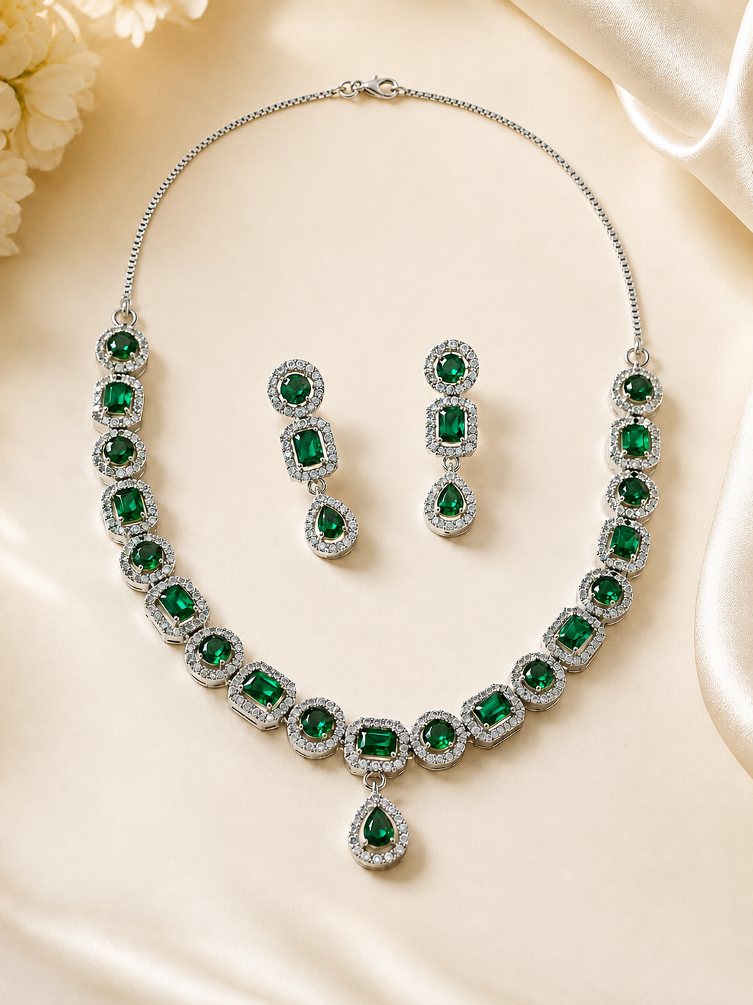 Royal Emerald Green American Diamond Necklace Set with Drop Earrings | Silver-Plated Bridal & Party Wear Jewellery