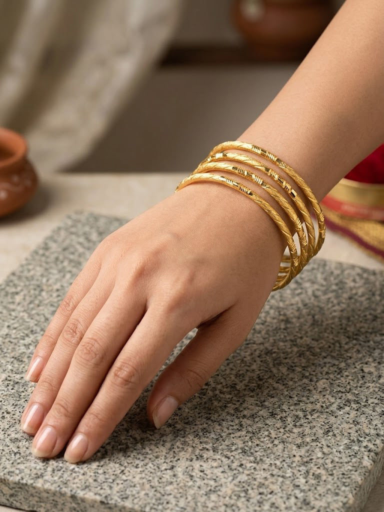 Premium Gold-Plated Daily Wear Sleek Bangle Set of 4 – Elegant Textured Churi for Women & Girls