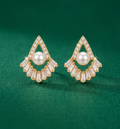 Golden Pearl Fan Shape Stud Earrings for Women | Korean Style Zircon Daily Wear Earrings