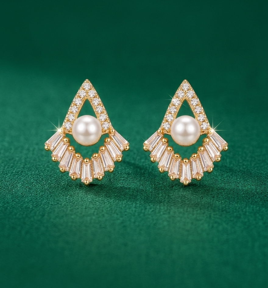 Golden Pearl Fan Shape Stud Earrings for Women | Korean Style Zircon Daily Wear Earrings