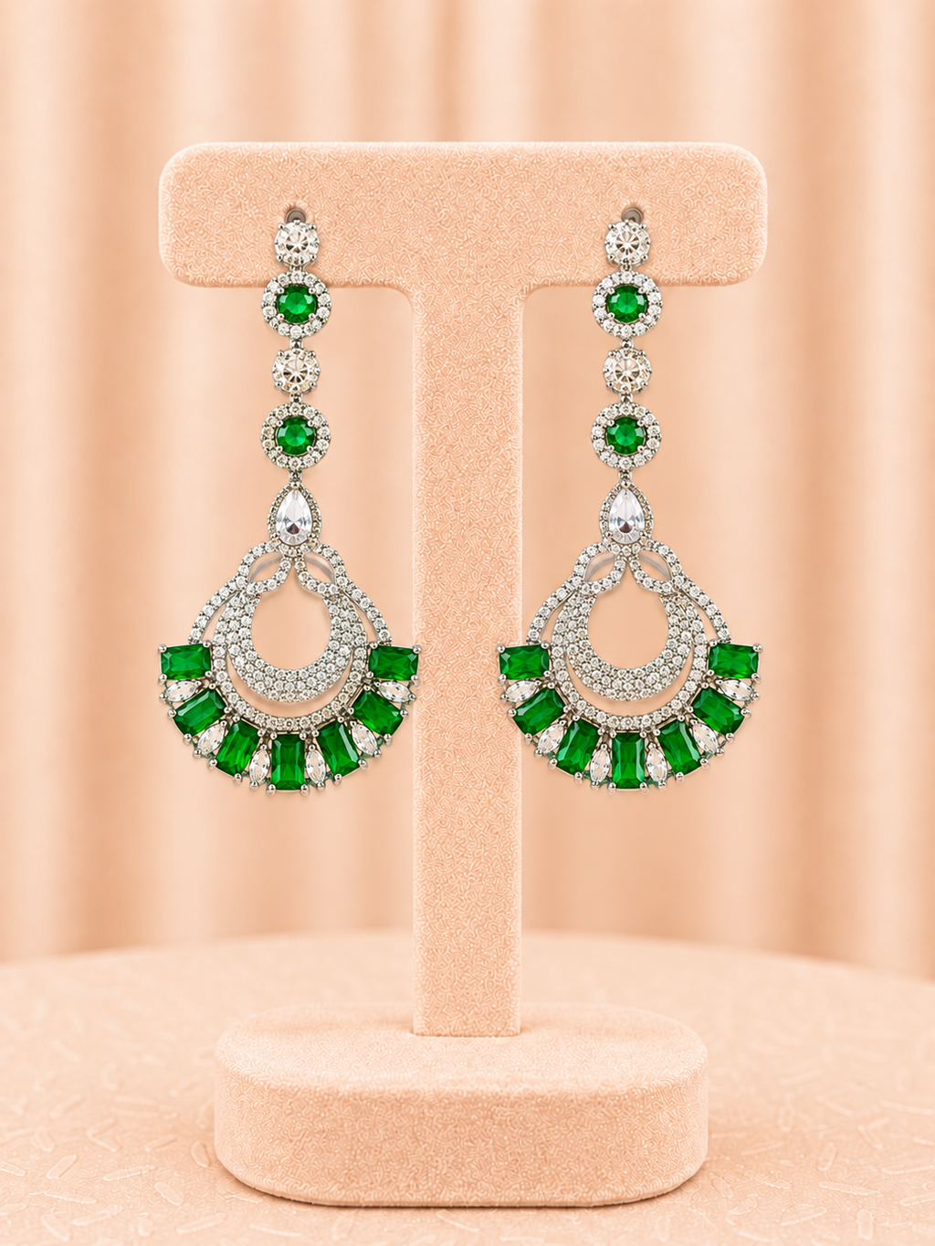 Emerald Green Chandbali Drop Earrings with Zirconia Crystal Detailing