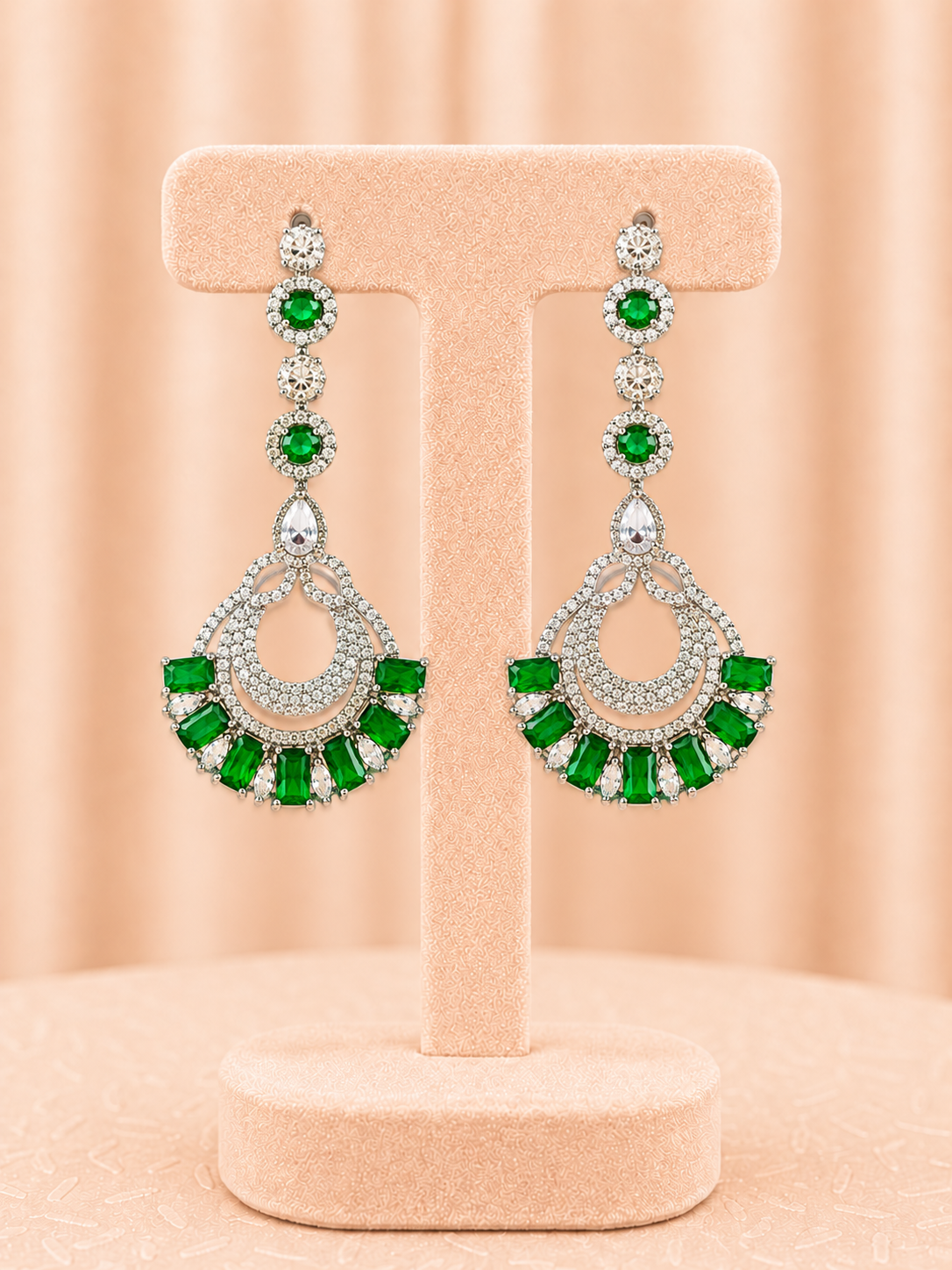 Emerald Green Chandbali Drop Earrings with Zirconia Crystal Detailing
