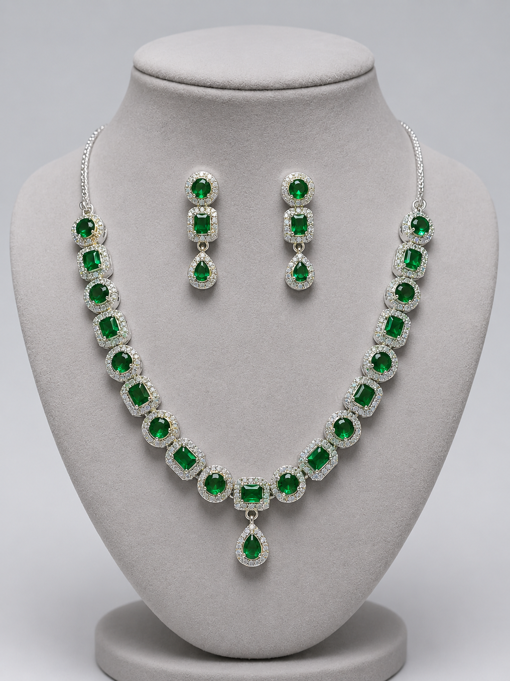 Royal Emerald Green American Diamond Necklace Set with Drop Earrings | Silver-Plated Bridal & Party Wear Jewellery