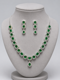 Royal Emerald Green American Diamond Necklace Set with Drop Earrings | Silver-Plated Bridal & Party Wear Jewellery