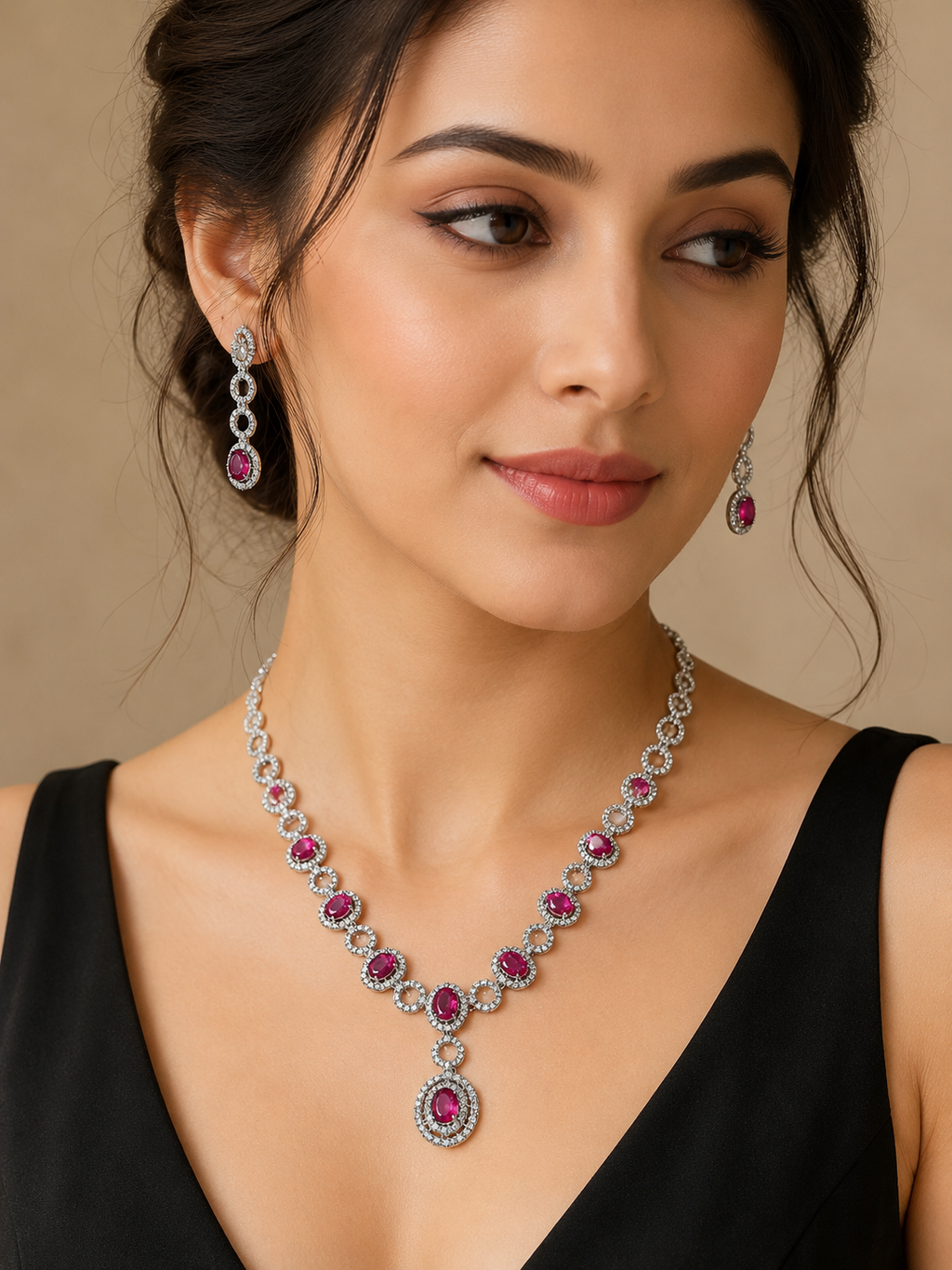Ruby Pink American Diamond Necklace Set with Drop Pendant & Earrings | Silver-Plated Party Wear Jewellery