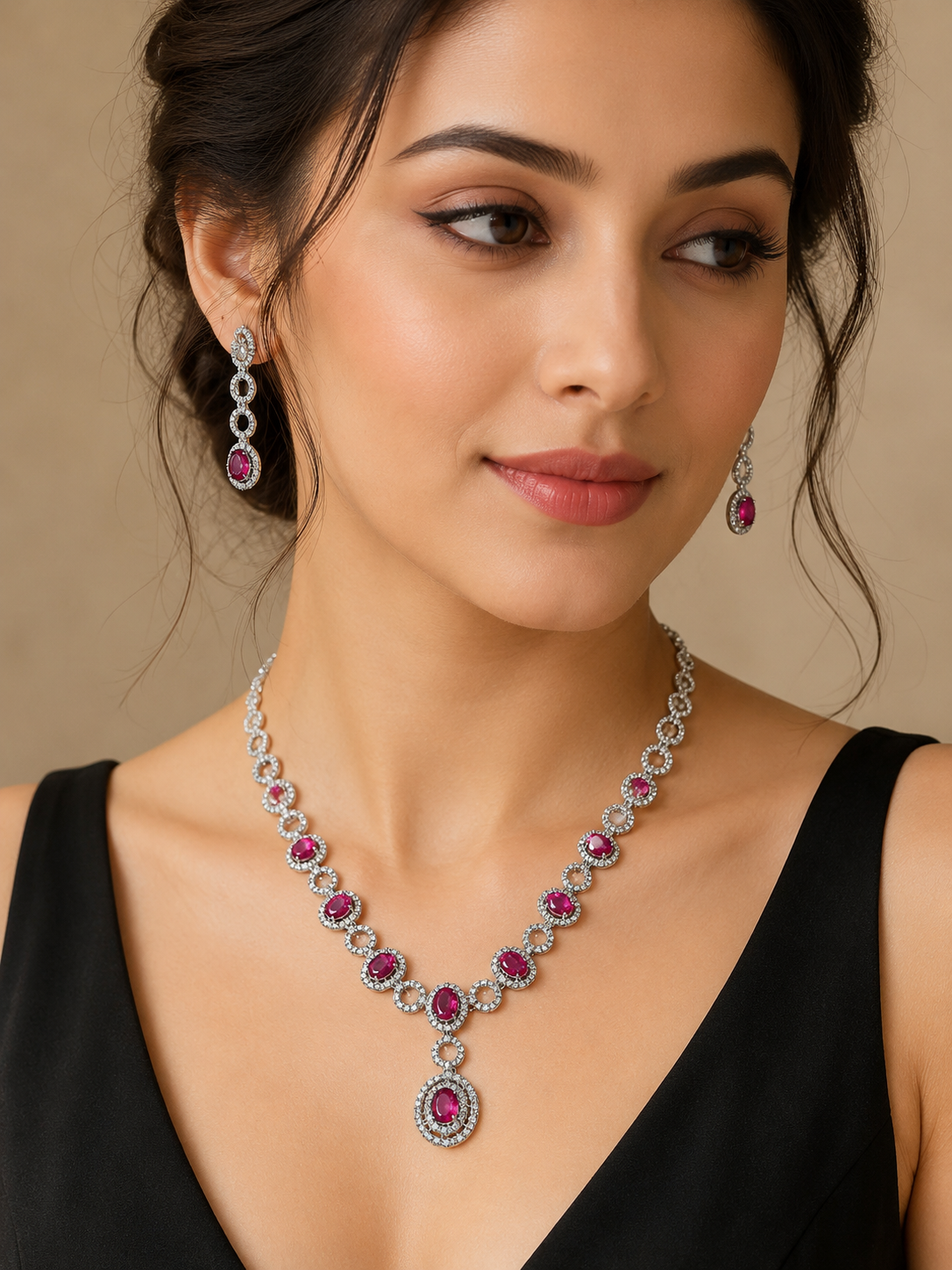 Ruby Pink American Diamond Necklace Set with Drop Pendant & Earrings | Silver-Plated Party Wear Jewellery