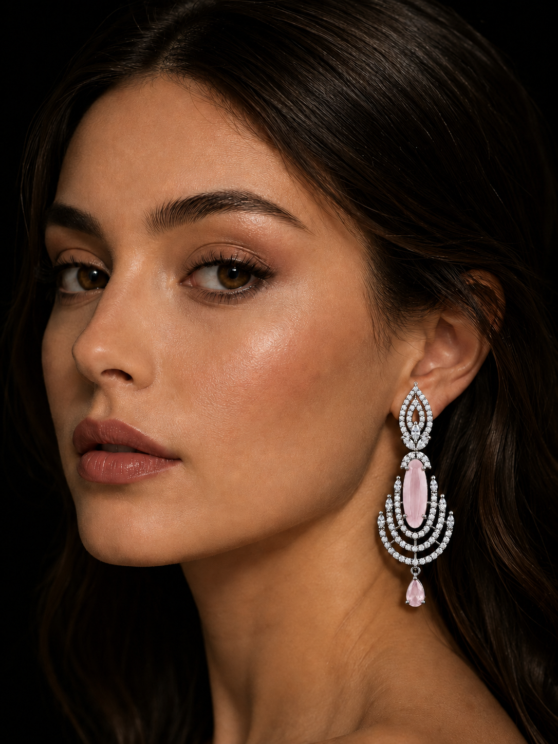 Blush Pink Crystal Chandelier Earrings with Zirconia Detailing