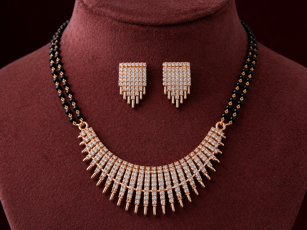 Rose Gold Radiant Mangalsutra Set with Zirconia Fringe Design & Matching Tassel Earrings