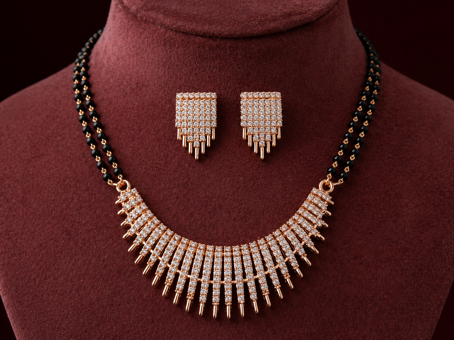 Rose Gold Radiant Mangalsutra Set with Zirconia Fringe Design & Matching Tassel Earrings