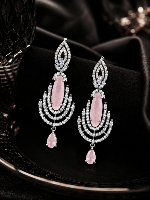 Coral Pink Crystal Chandelier Earrings with Zirconia Detailing