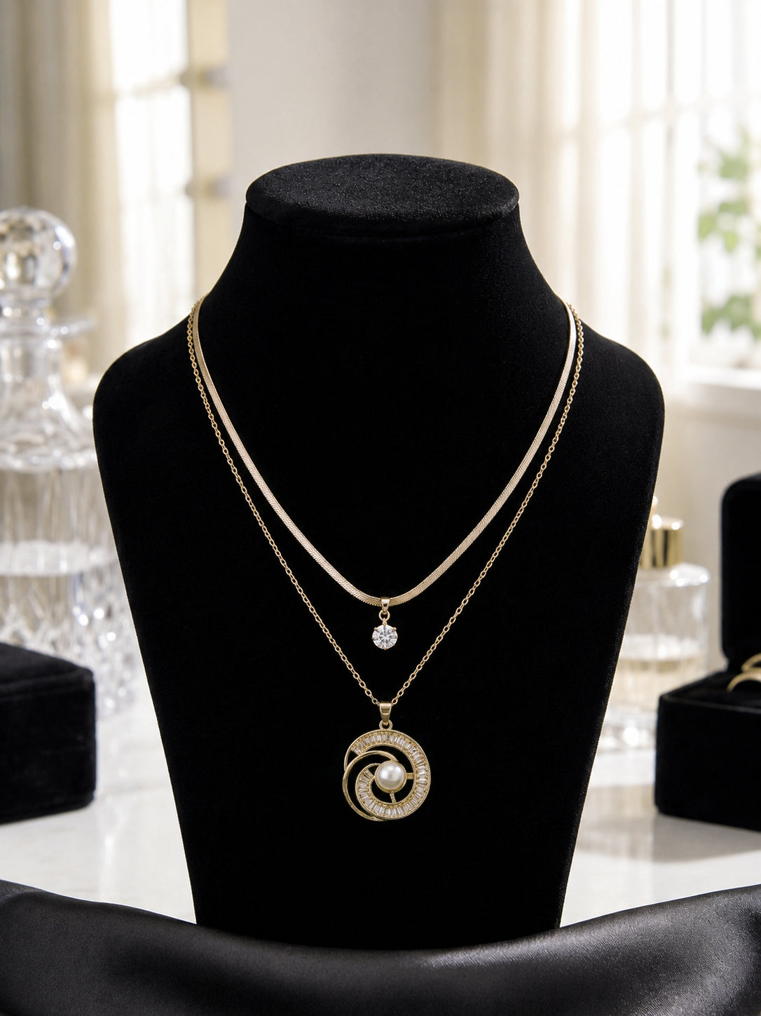 Golden Double Layered Pearl & Zircon Pendant Necklace for Women | Korean Style Daily Wear Pendant Chain