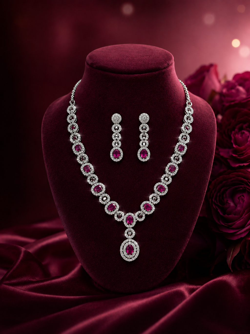 Ruby Pink American Diamond Necklace Set with Drop Pendant & Earrings | Silver-Plated Party Wear Jewellery