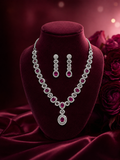 Ruby Pink American Diamond Necklace Set with Drop Pendant & Earrings | Silver-Plated Party Wear Jewellery