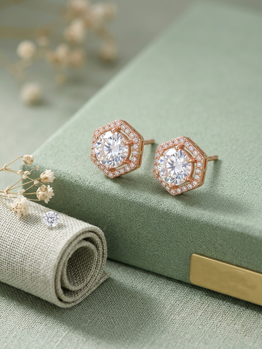Rose Gold Hexagon Zircon Stud Earrings for Women | Korean Style American Diamond Earrings