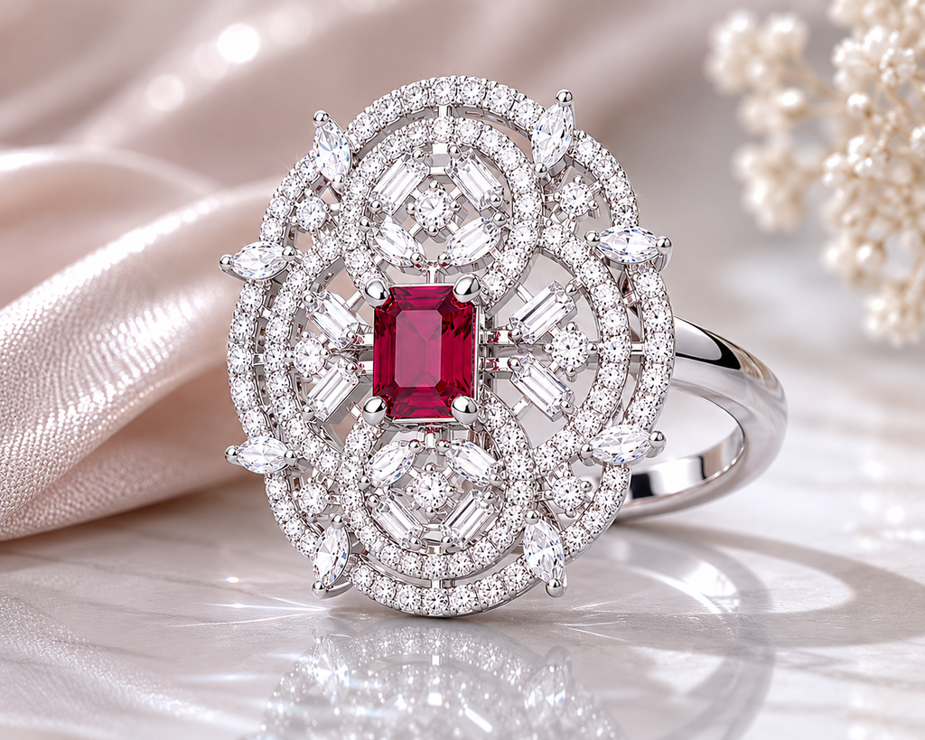 Kimsi Ruby Red American Diamond Adjustable Statement Ring for Women