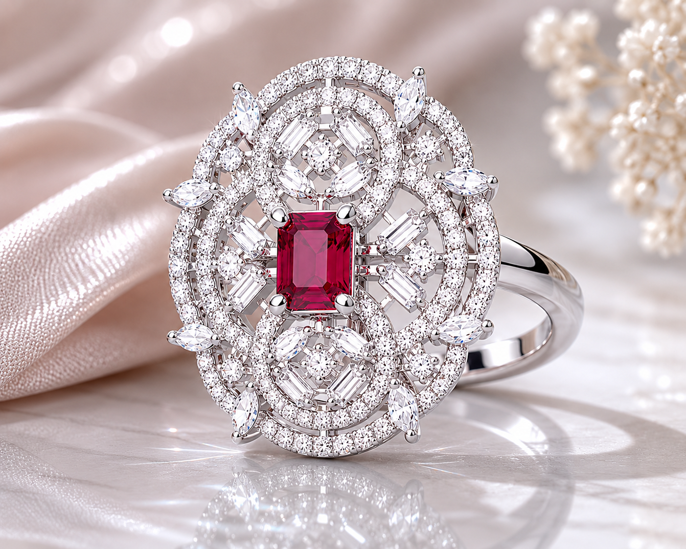 Kimsi Ruby Red American Diamond Adjustable Statement Ring for Women