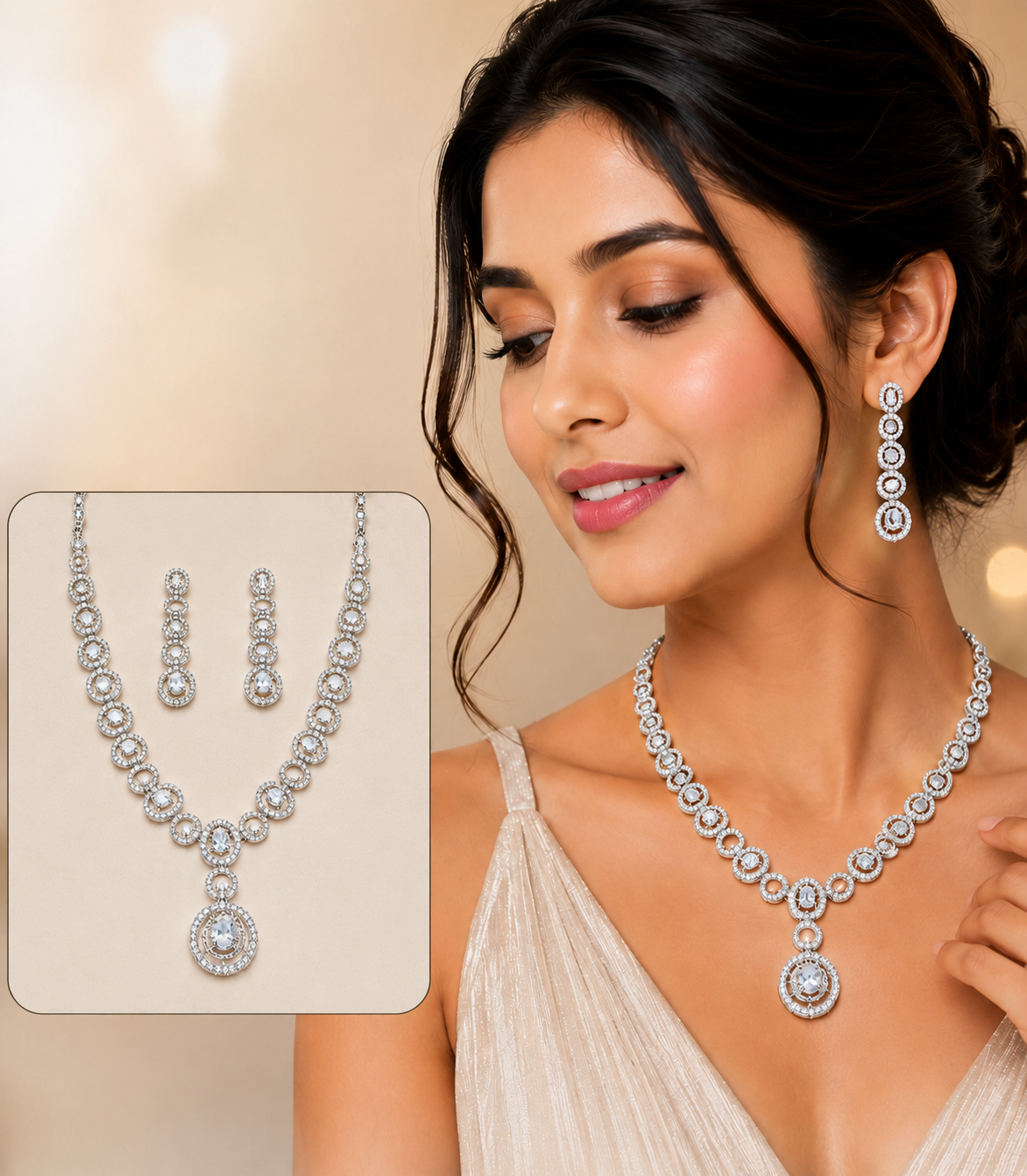 Silver American Diamond Necklace Set with Drop Pendant & Earrings | Silver-Plated Party Wear Jewellery
