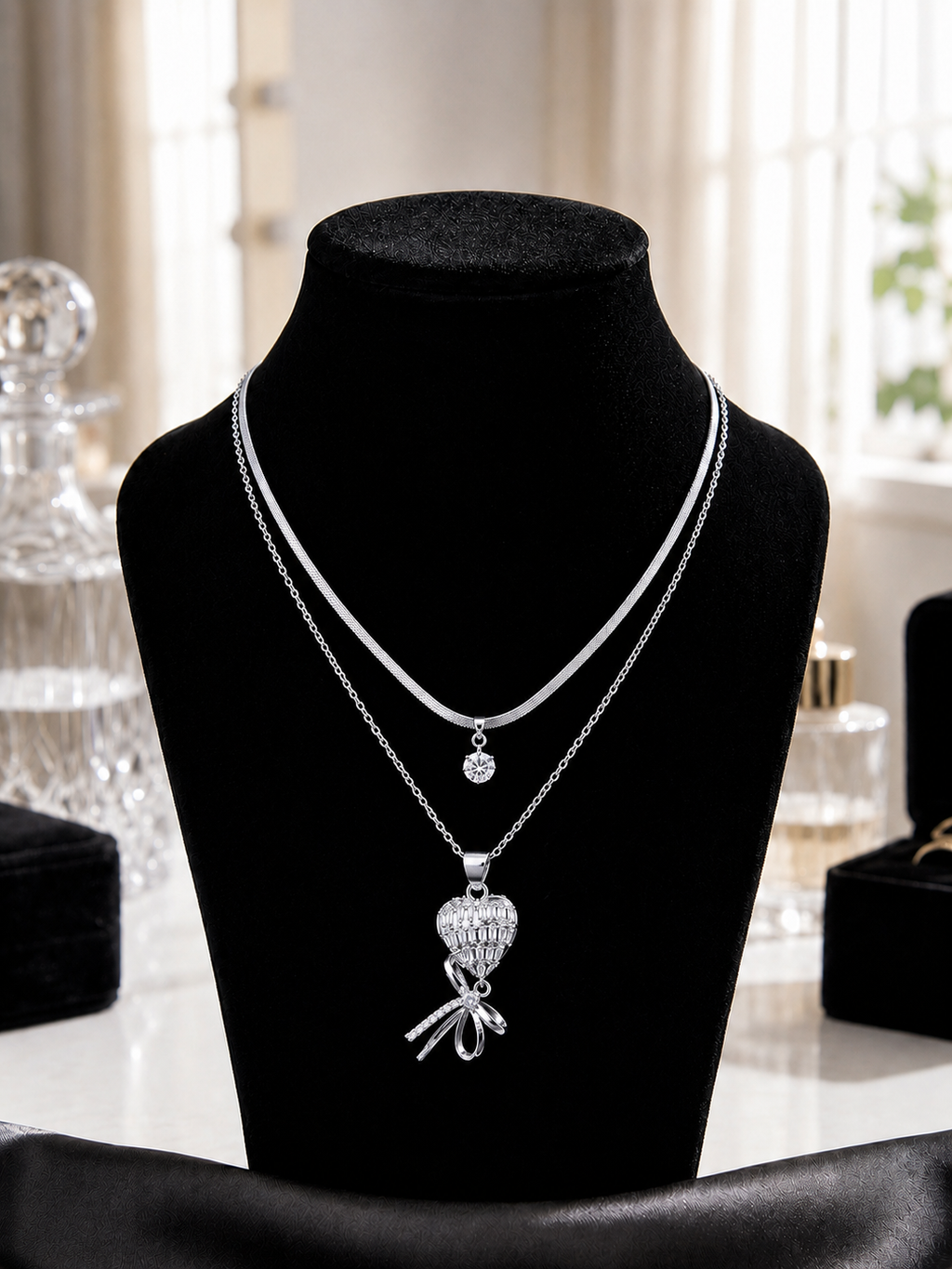 Silberne Lagenkette für Damen – Doppelkette mit Herz- & Solitär-Anhänger-Set für Mädchen
