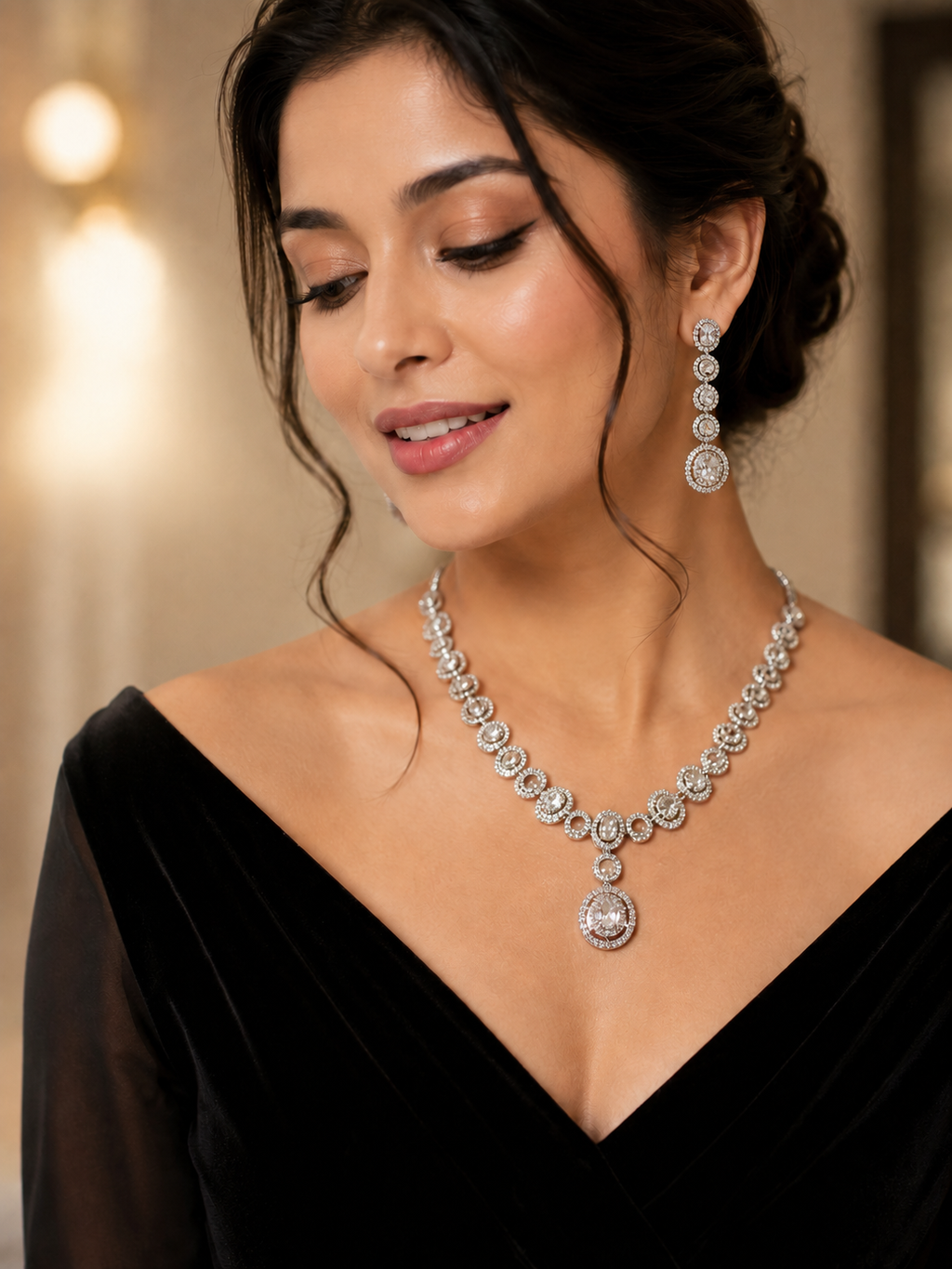 Silver American Diamond Necklace Set with Drop Pendant & Earrings | Silver-Plated Party Wear Jewellery