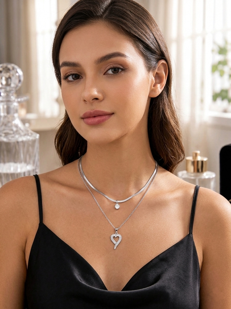 Silver Layered Necklace for Women - Double Chain with Heart & Solitaire Pendant Set for Girls