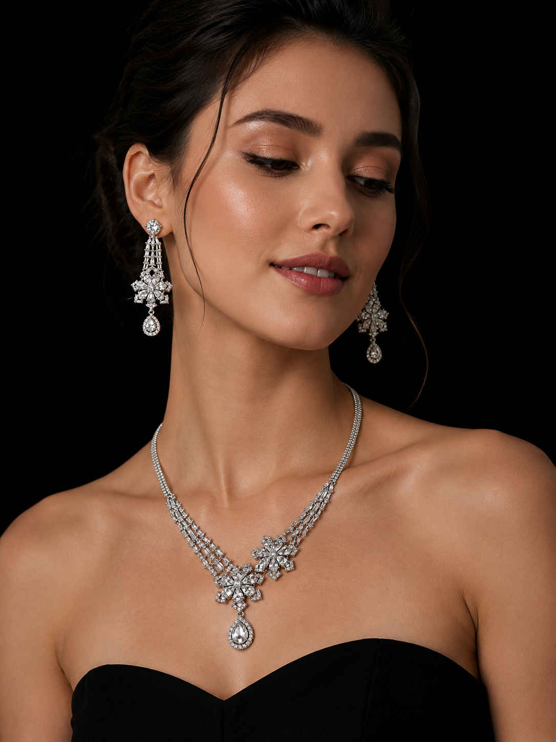 Luxury American Diamond Floral Drop Necklace Set for Women | Silver Plated Zirconia Party Wear Necklace & Earrings Set