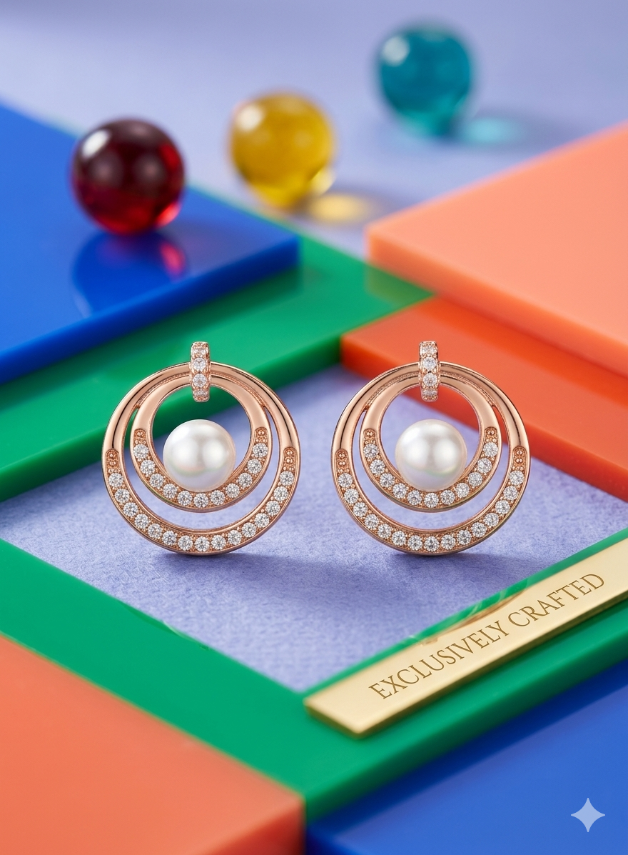 Rose Gold Pearl Halo Stud Earrings with Zirconia Crystal Detailing