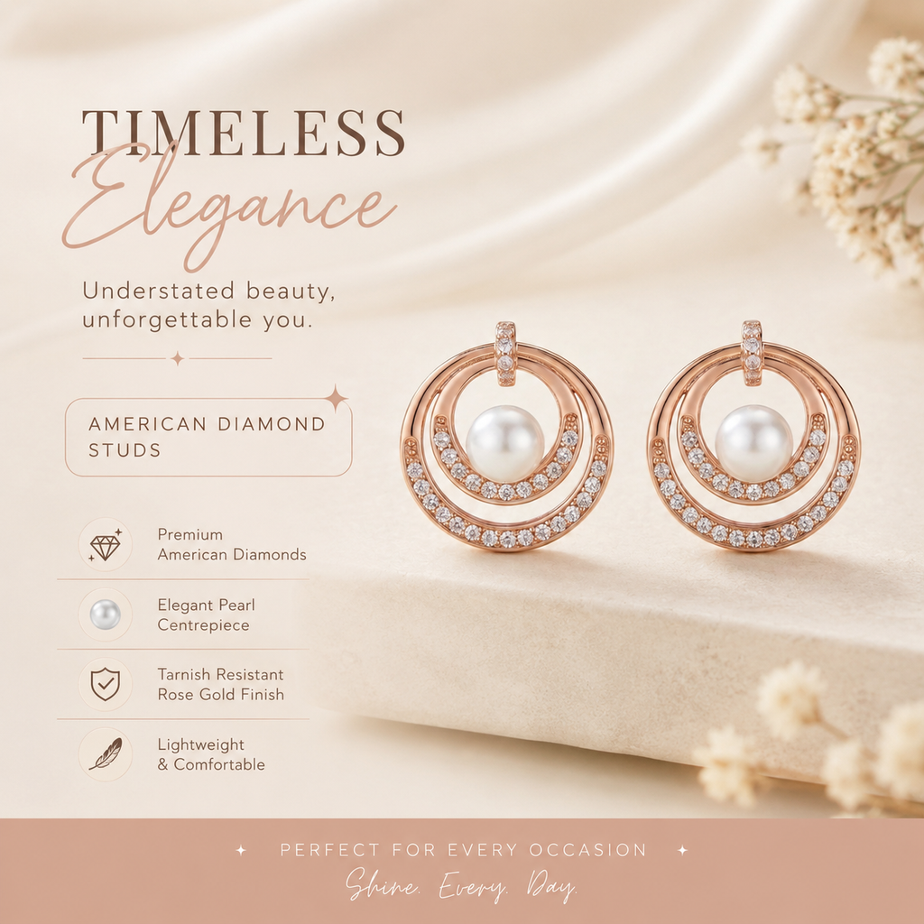 Rose Gold Pearl Halo Stud Earrings with Zirconia Crystal Detailing