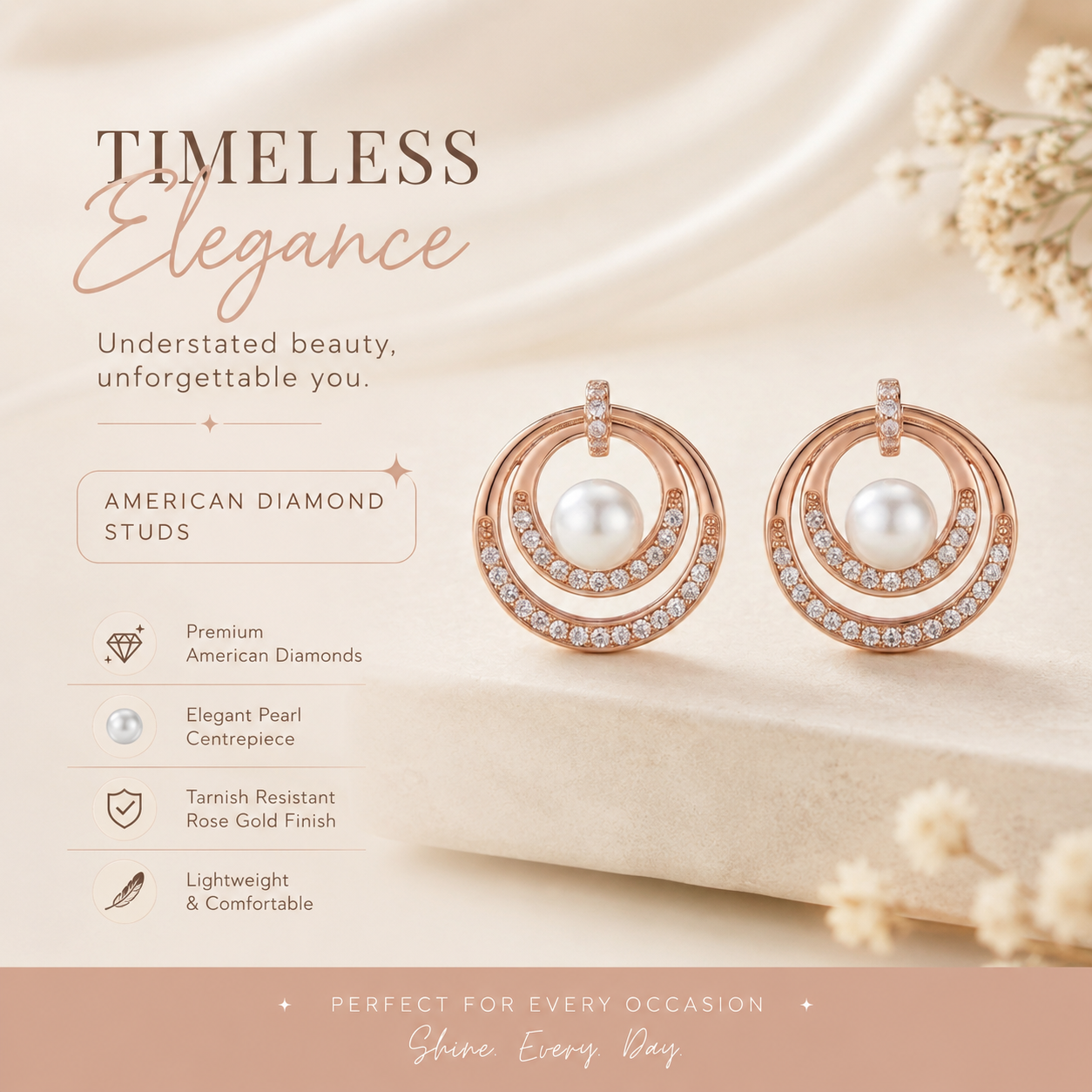 Rose Gold Pearl Halo Stud Earrings with Zirconia Crystal Detailing