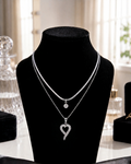 Silver Layered Necklace for Women - Double Chain with Heart & Solitaire Pendant Set for Girls