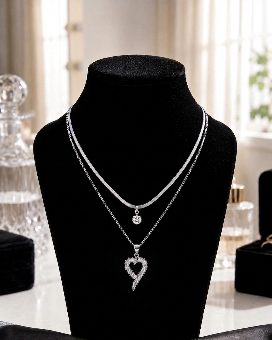 Silver Layered Necklace for Women - Double Chain with Heart & Solitaire Pendant Set for Girls