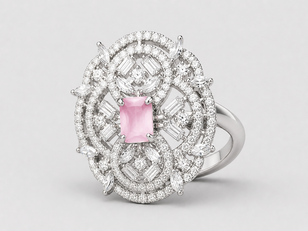 Kimsi Coral Pink American Diamond Adjustable Statement Ring for Women