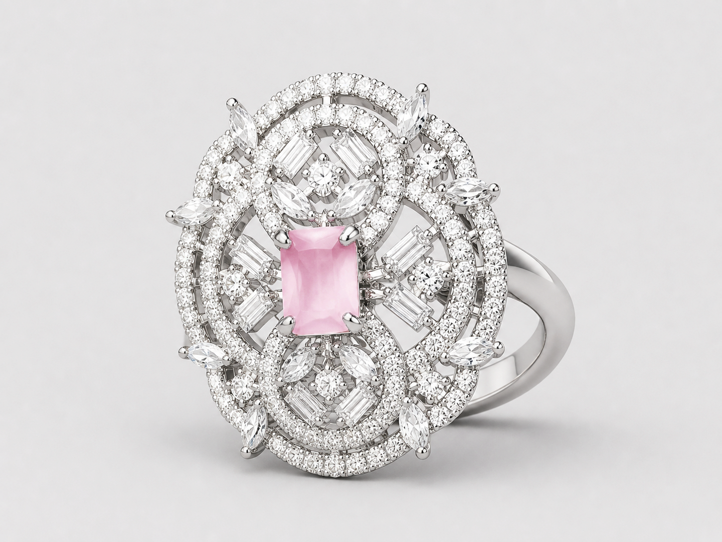 Kimsi Coral Pink American Diamond Adjustable Statement Ring for Women